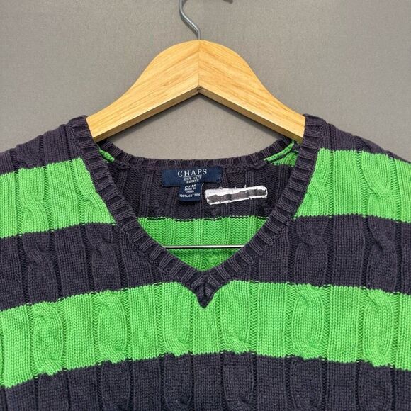 Chaps Ralph Lauren Women’s Striped Cable Knit V-Neck Sweater Size Petite Medium - Picture 2 of 7